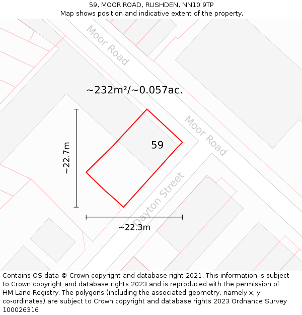 59, MOOR ROAD, RUSHDEN, NN10 9TP: Plot and title map