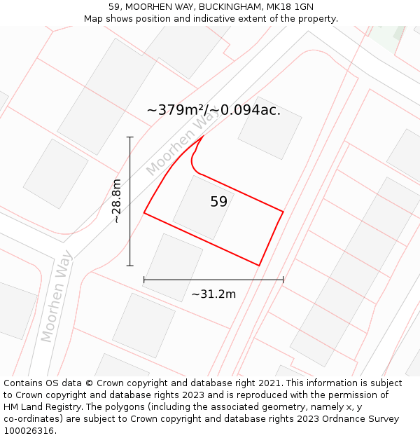 59, MOORHEN WAY, BUCKINGHAM, MK18 1GN: Plot and title map