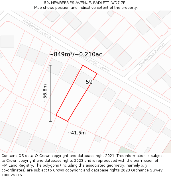 59, NEWBERRIES AVENUE, RADLETT, WD7 7EL: Plot and title map