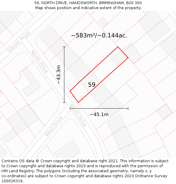 59, NORTH DRIVE, HANDSWORTH, BIRMINGHAM, B20 3SX: Plot and title map