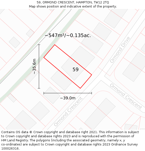 59, ORMOND CRESCENT, HAMPTON, TW12 2TQ: Plot and title map