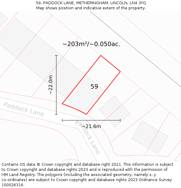 59, PADDOCK LANE, METHERINGHAM, LINCOLN, LN4 3YG: Plot and title map