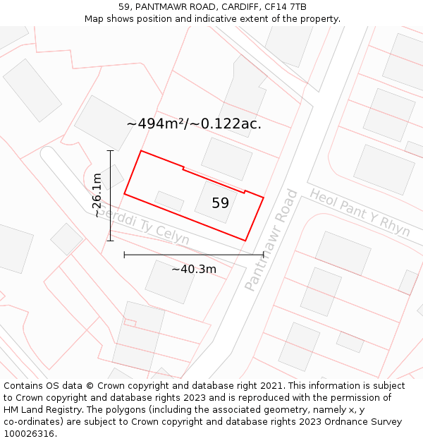 59, PANTMAWR ROAD, CARDIFF, CF14 7TB: Plot and title map
