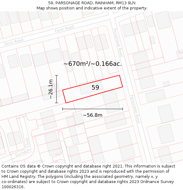 59, PARSONAGE ROAD, RAINHAM, RM13 9LN: Plot and title map