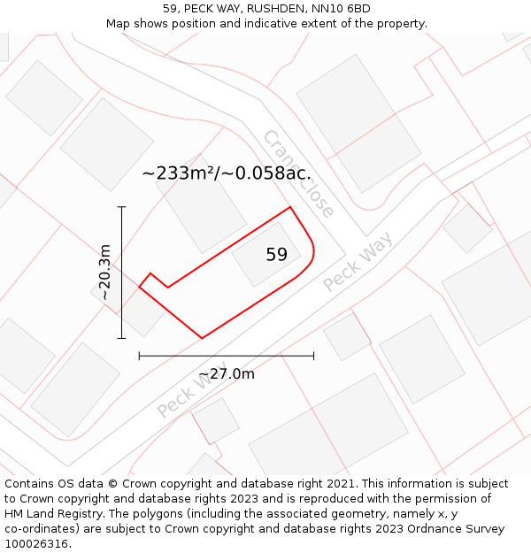 59, PECK WAY, RUSHDEN, NN10 6BD: Plot and title map