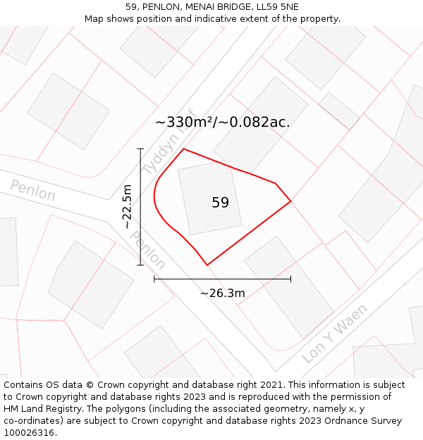 59, PENLON, MENAI BRIDGE, LL59 5NE: Plot and title map