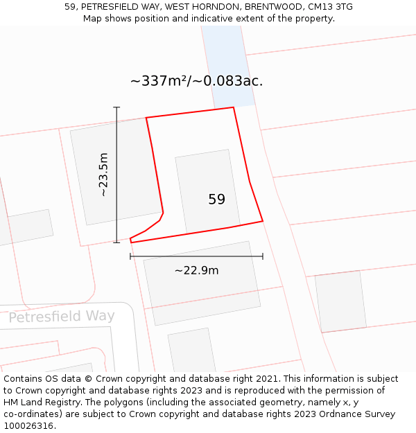 59, PETRESFIELD WAY, WEST HORNDON, BRENTWOOD, CM13 3TG: Plot and title map