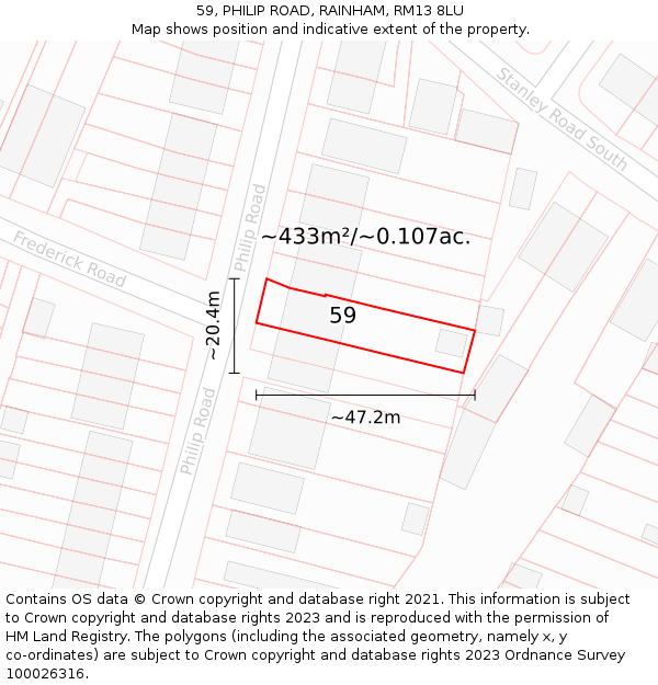 59, PHILIP ROAD, RAINHAM, RM13 8LU: Plot and title map