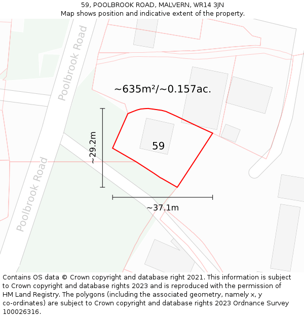 59, POOLBROOK ROAD, MALVERN, WR14 3JN: Plot and title map