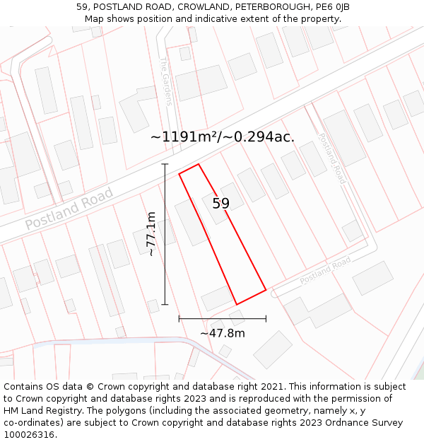 59, POSTLAND ROAD, CROWLAND, PETERBOROUGH, PE6 0JB: Plot and title map