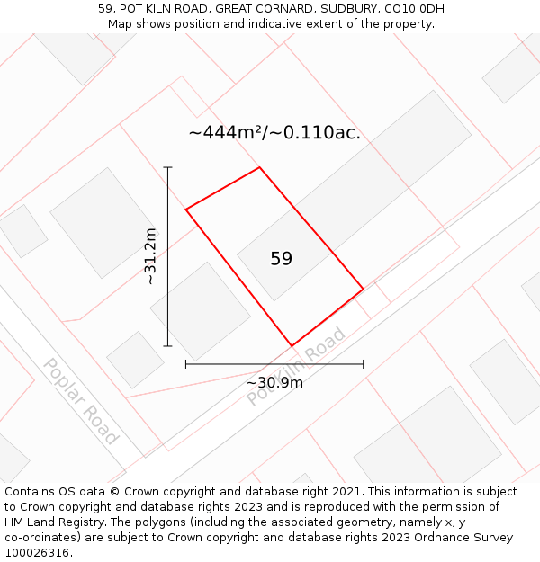 59, POT KILN ROAD, GREAT CORNARD, SUDBURY, CO10 0DH: Plot and title map