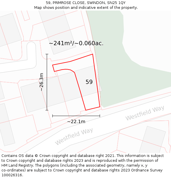 59, PRIMROSE CLOSE, SWINDON, SN25 1QY: Plot and title map