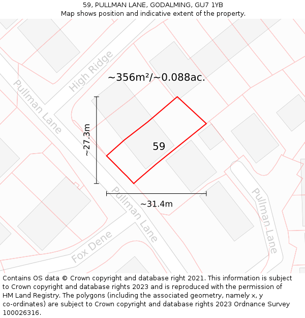 59, PULLMAN LANE, GODALMING, GU7 1YB: Plot and title map