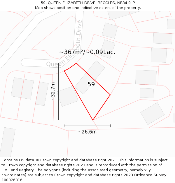59, QUEEN ELIZABETH DRIVE, BECCLES, NR34 9LP: Plot and title map
