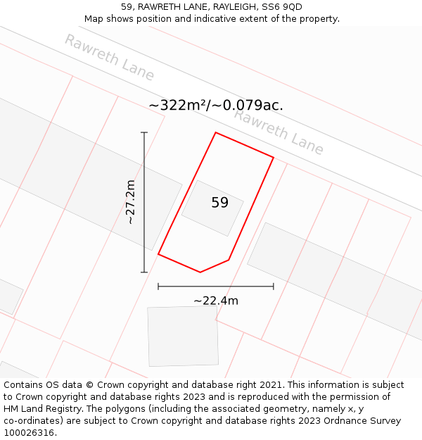 59, RAWRETH LANE, RAYLEIGH, SS6 9QD: Plot and title map