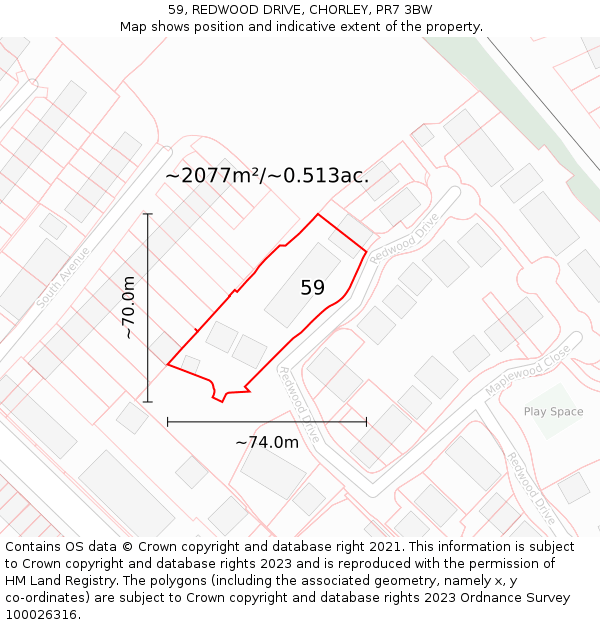59, REDWOOD DRIVE, CHORLEY, PR7 3BW: Plot and title map