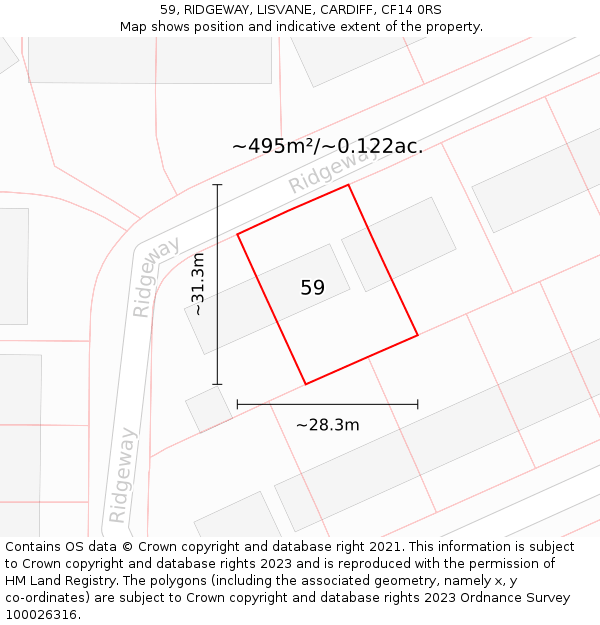 59, RIDGEWAY, LISVANE, CARDIFF, CF14 0RS: Plot and title map