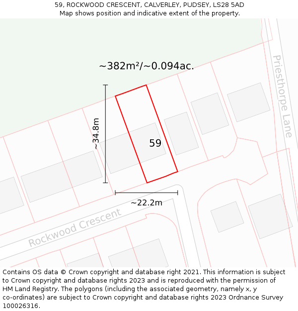 59, ROCKWOOD CRESCENT, CALVERLEY, PUDSEY, LS28 5AD: Plot and title map