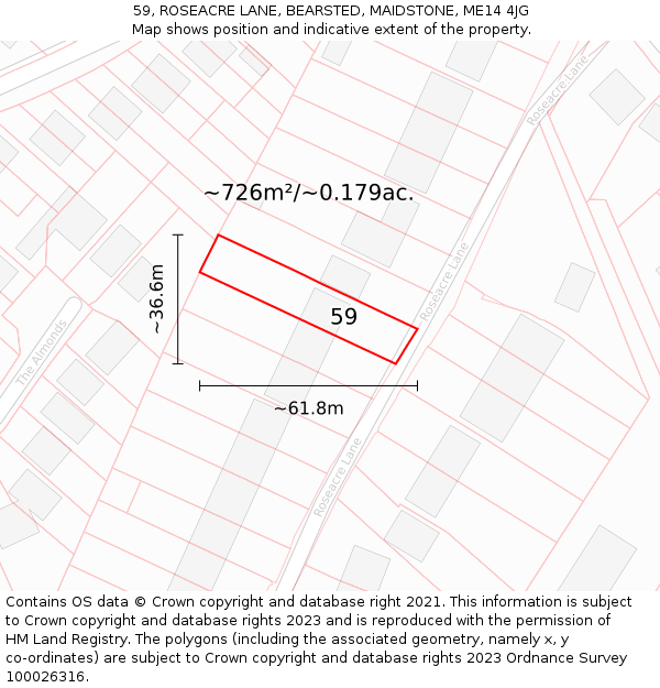 59, ROSEACRE LANE, BEARSTED, MAIDSTONE, ME14 4JG: Plot and title map