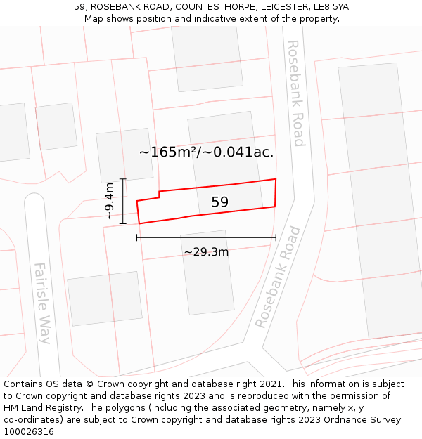 59, ROSEBANK ROAD, COUNTESTHORPE, LEICESTER, LE8 5YA: Plot and title map