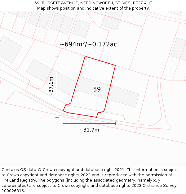 59, RUSSETT AVENUE, NEEDINGWORTH, ST IVES, PE27 4UE: Plot and title map