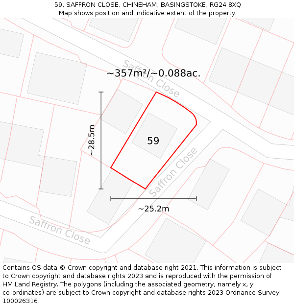 59, SAFFRON CLOSE, CHINEHAM, BASINGSTOKE, RG24 8XQ: Plot and title map