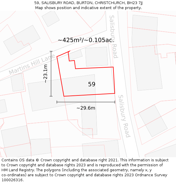 59, SALISBURY ROAD, BURTON, CHRISTCHURCH, BH23 7JJ: Plot and title map