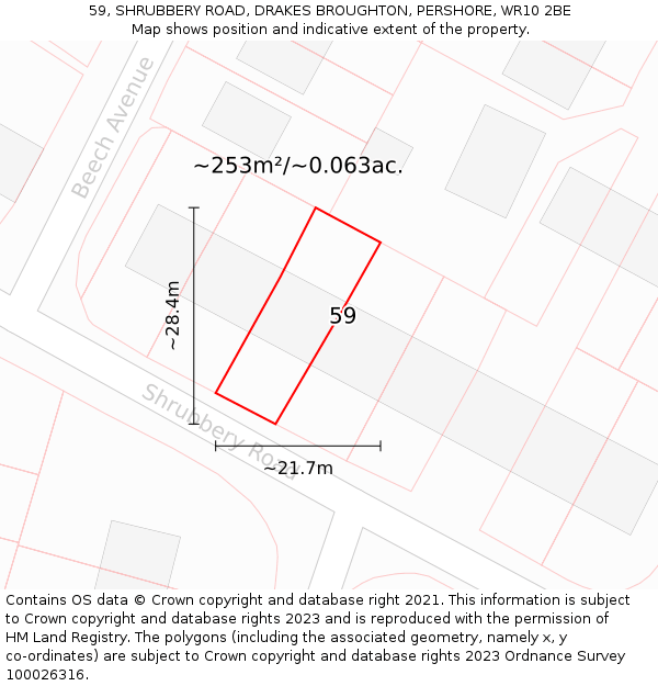 59, SHRUBBERY ROAD, DRAKES BROUGHTON, PERSHORE, WR10 2BE: Plot and title map