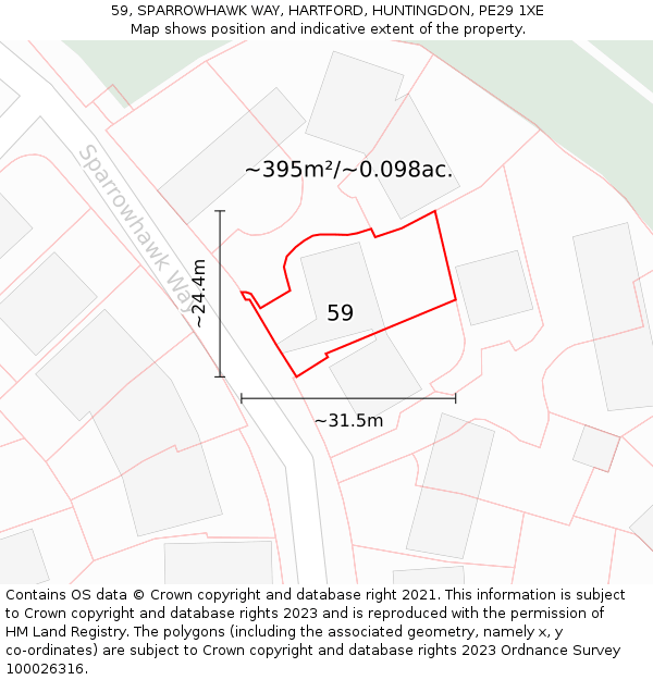 59, SPARROWHAWK WAY, HARTFORD, HUNTINGDON, PE29 1XE: Plot and title map