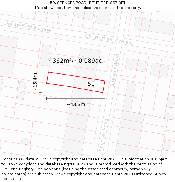 59, SPENCER ROAD, BENFLEET, SS7 3ET: Plot and title map