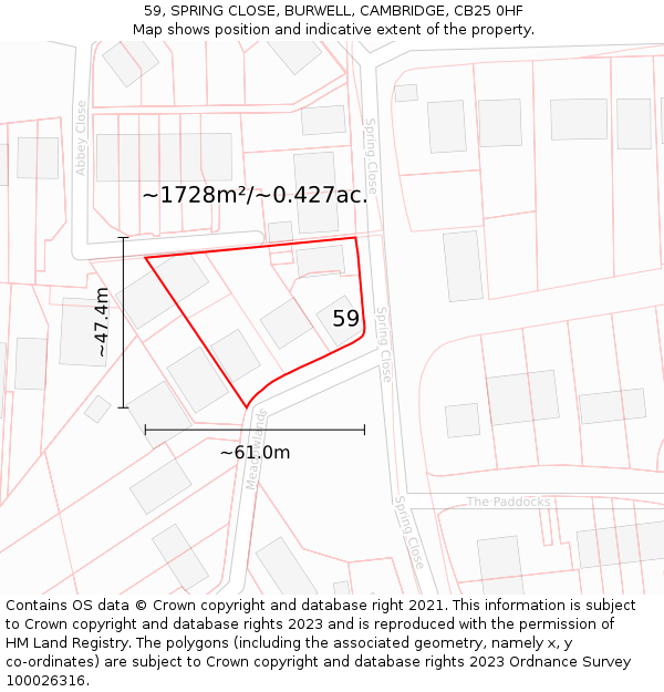 59, SPRING CLOSE, BURWELL, CAMBRIDGE, CB25 0HF: Plot and title map