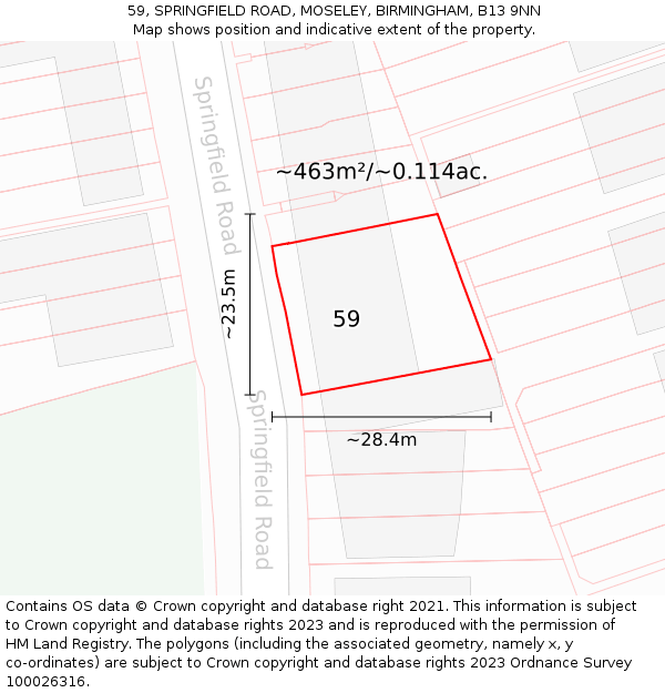 59, SPRINGFIELD ROAD, MOSELEY, BIRMINGHAM, B13 9NN: Plot and title map