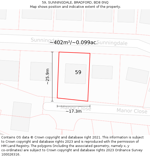 59, SUNNINGDALE, BRADFORD, BD8 0NQ: Plot and title map