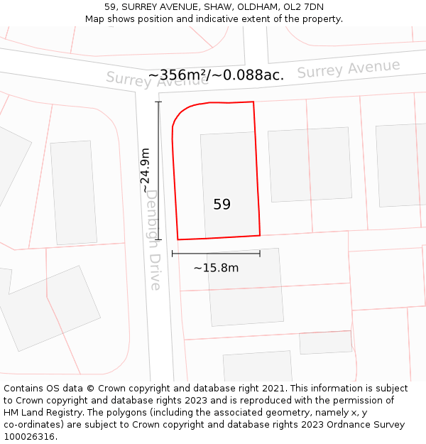 59, SURREY AVENUE, SHAW, OLDHAM, OL2 7DN: Plot and title map