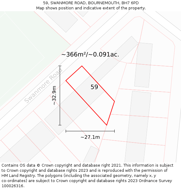 59, SWANMORE ROAD, BOURNEMOUTH, BH7 6PD: Plot and title map