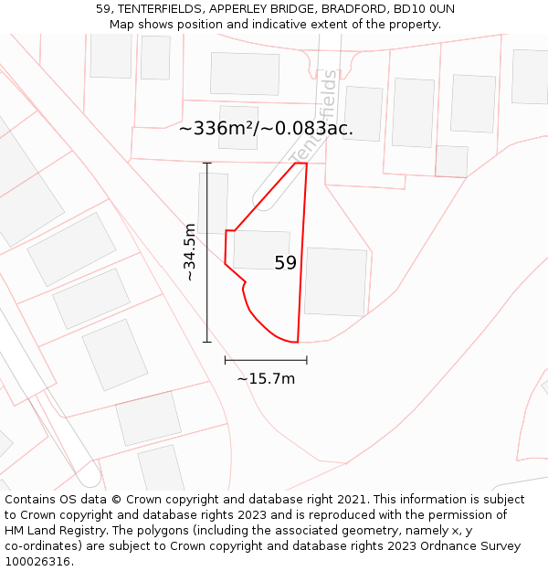 59, TENTERFIELDS, APPERLEY BRIDGE, BRADFORD, BD10 0UN: Plot and title map