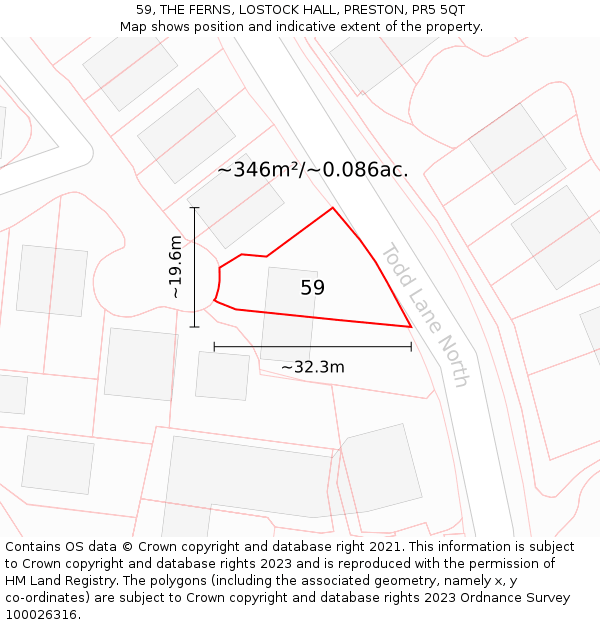 59, THE FERNS, LOSTOCK HALL, PRESTON, PR5 5QT: Plot and title map