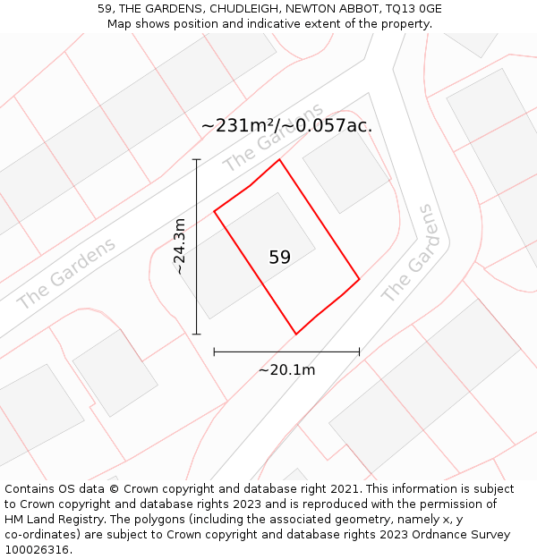 59, THE GARDENS, CHUDLEIGH, NEWTON ABBOT, TQ13 0GE: Plot and title map