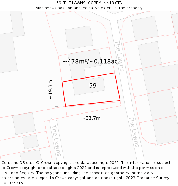 59, THE LAWNS, CORBY, NN18 0TA: Plot and title map