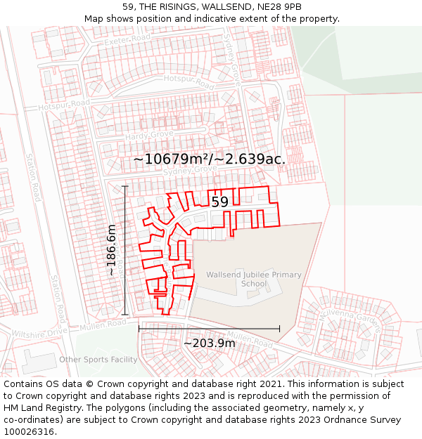 59, THE RISINGS, WALLSEND, NE28 9PB: Plot and title map