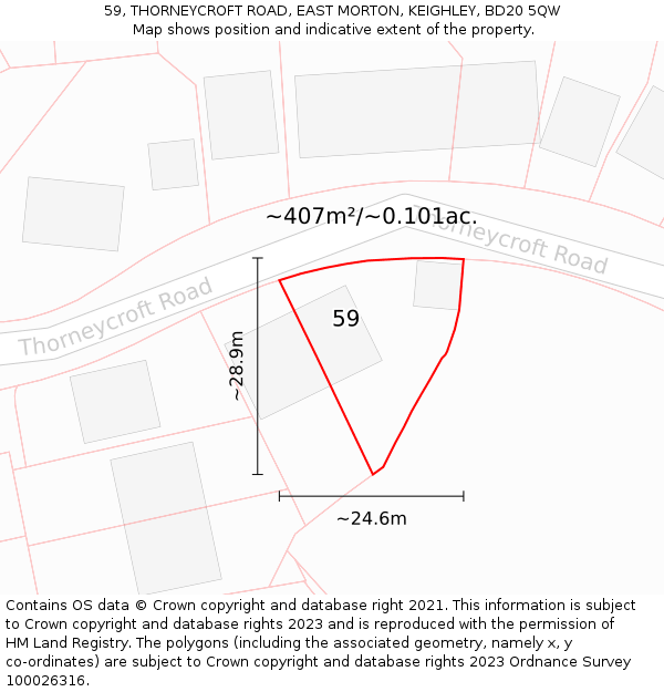 59, THORNEYCROFT ROAD, EAST MORTON, KEIGHLEY, BD20 5QW: Plot and title map