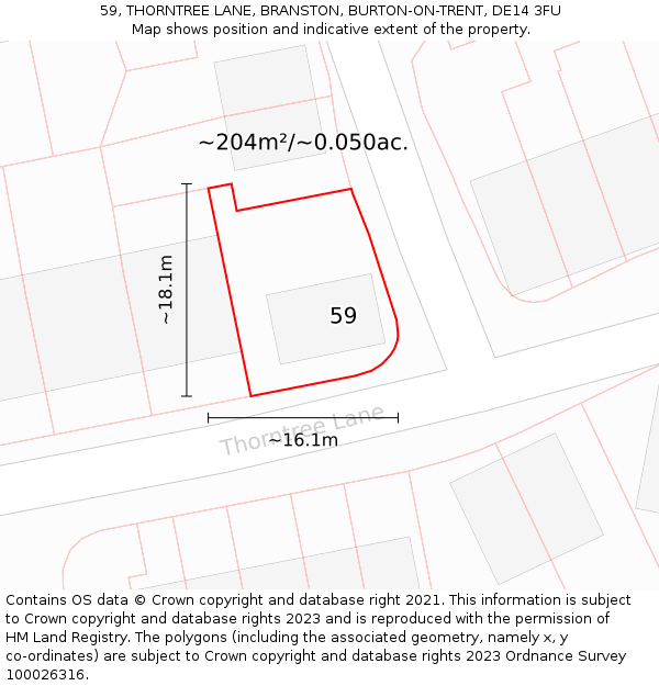 59, THORNTREE LANE, BRANSTON, BURTON-ON-TRENT, DE14 3FU: Plot and title map