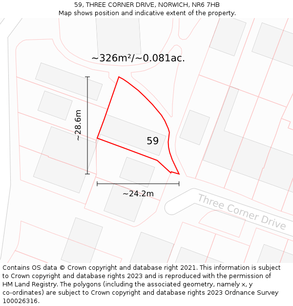 59, THREE CORNER DRIVE, NORWICH, NR6 7HB: Plot and title map