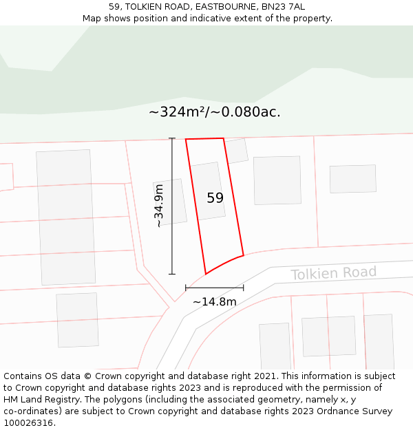 59, TOLKIEN ROAD, EASTBOURNE, BN23 7AL: Plot and title map