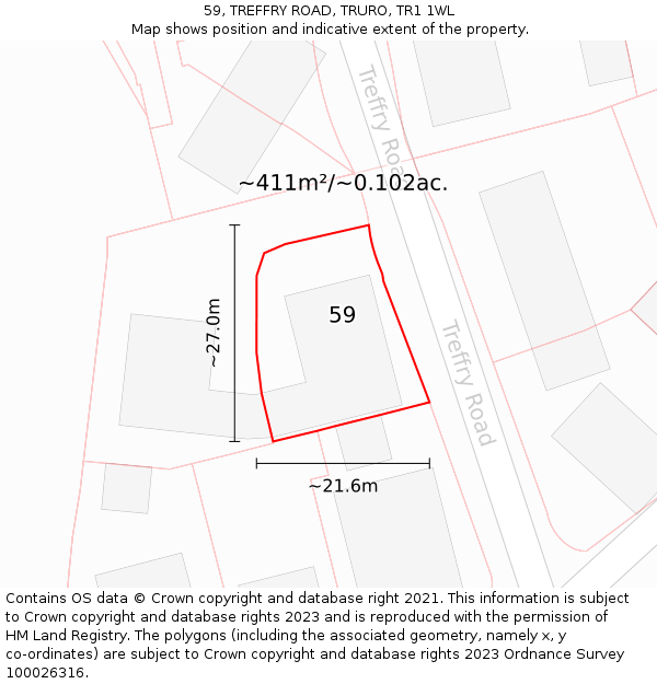 59, TREFFRY ROAD, TRURO, TR1 1WL: Plot and title map