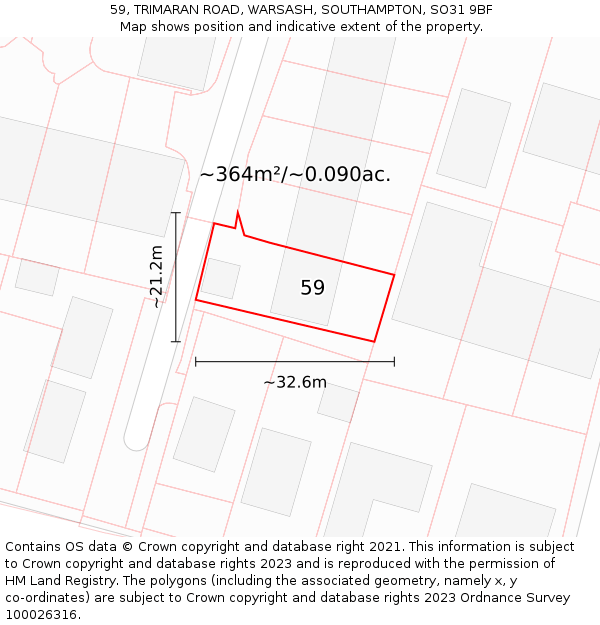 59, TRIMARAN ROAD, WARSASH, SOUTHAMPTON, SO31 9BF: Plot and title map