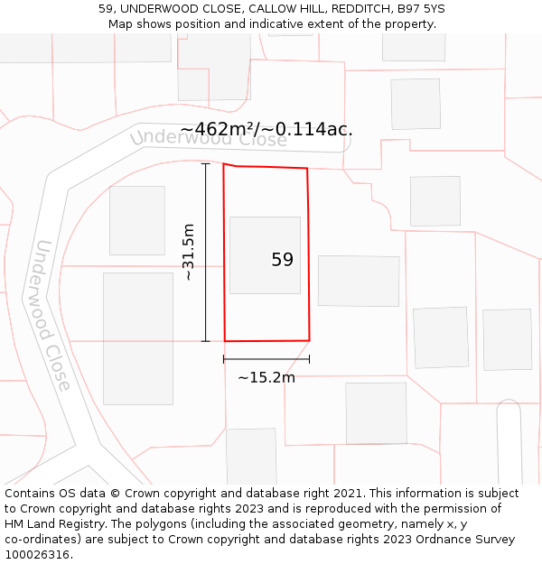 59, UNDERWOOD CLOSE, CALLOW HILL, REDDITCH, B97 5YS: Plot and title map