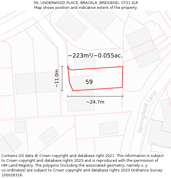 59, UNDERWOOD PLACE, BRACKLA, BRIDGEND, CF31 2LR: Plot and title map