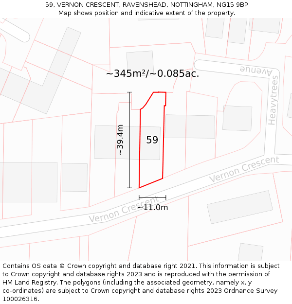 59, VERNON CRESCENT, RAVENSHEAD, NOTTINGHAM, NG15 9BP: Plot and title map