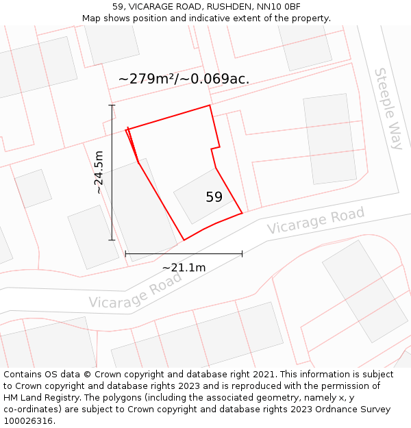 59, VICARAGE ROAD, RUSHDEN, NN10 0BF: Plot and title map